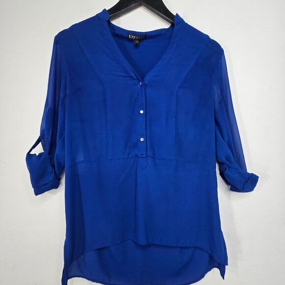Express Royal Blue Flowy Roll Tab Henley Long Sleeve Top - Picture 1 of 8